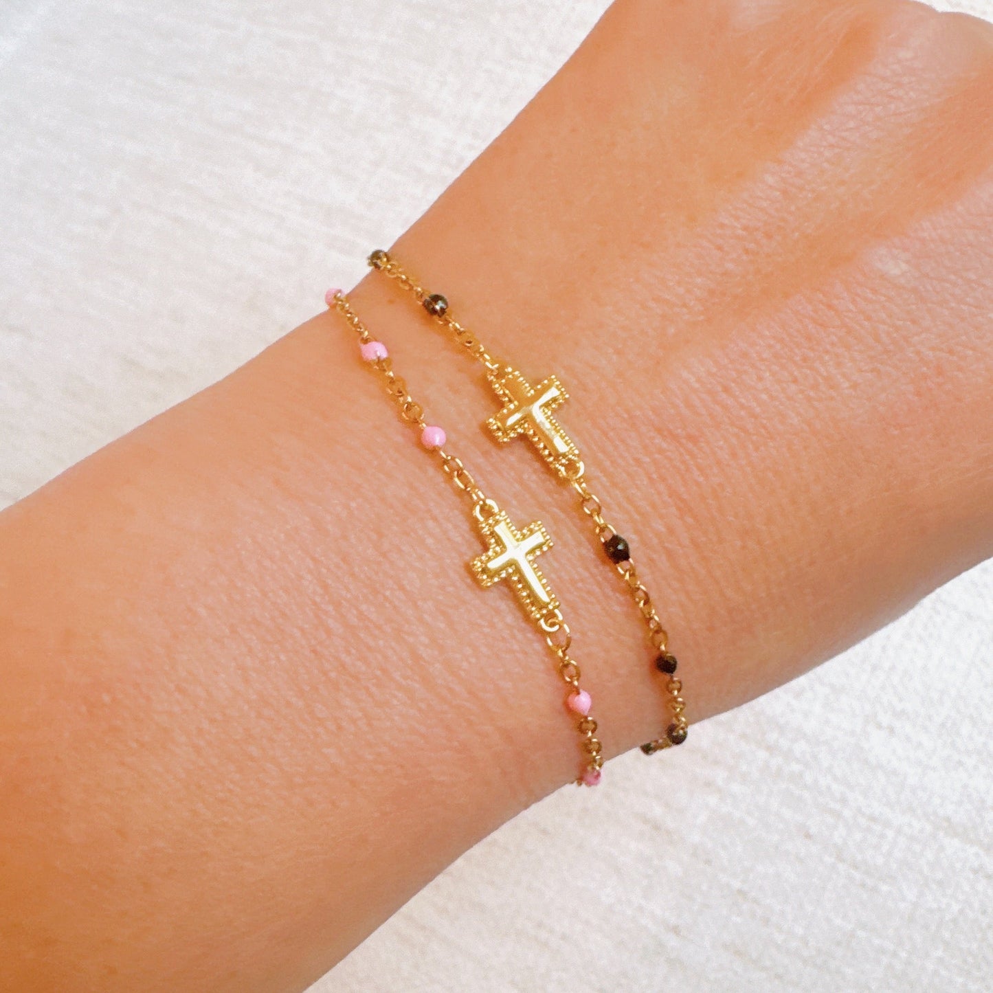Bracelet with dainty color dots chain cross